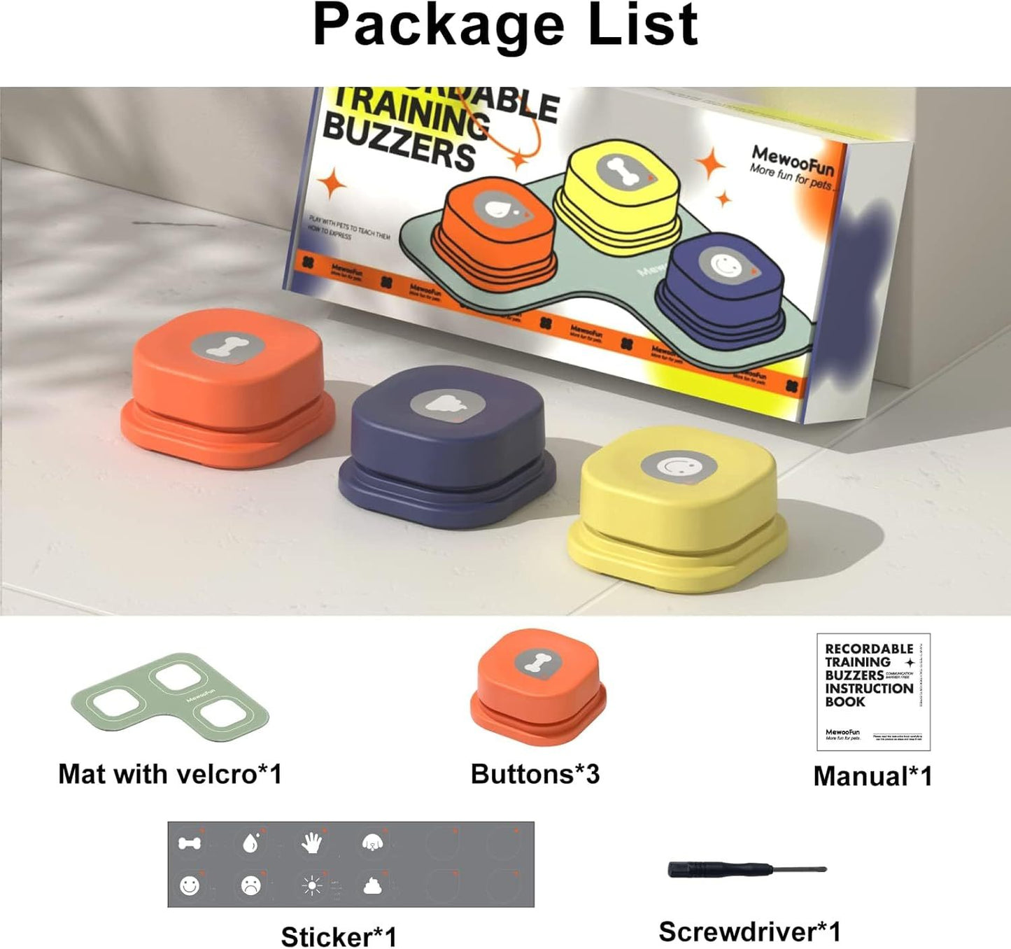 MEWOOFUN Dog Talking Buttons Set - 3 Recordable Communication Buttons With